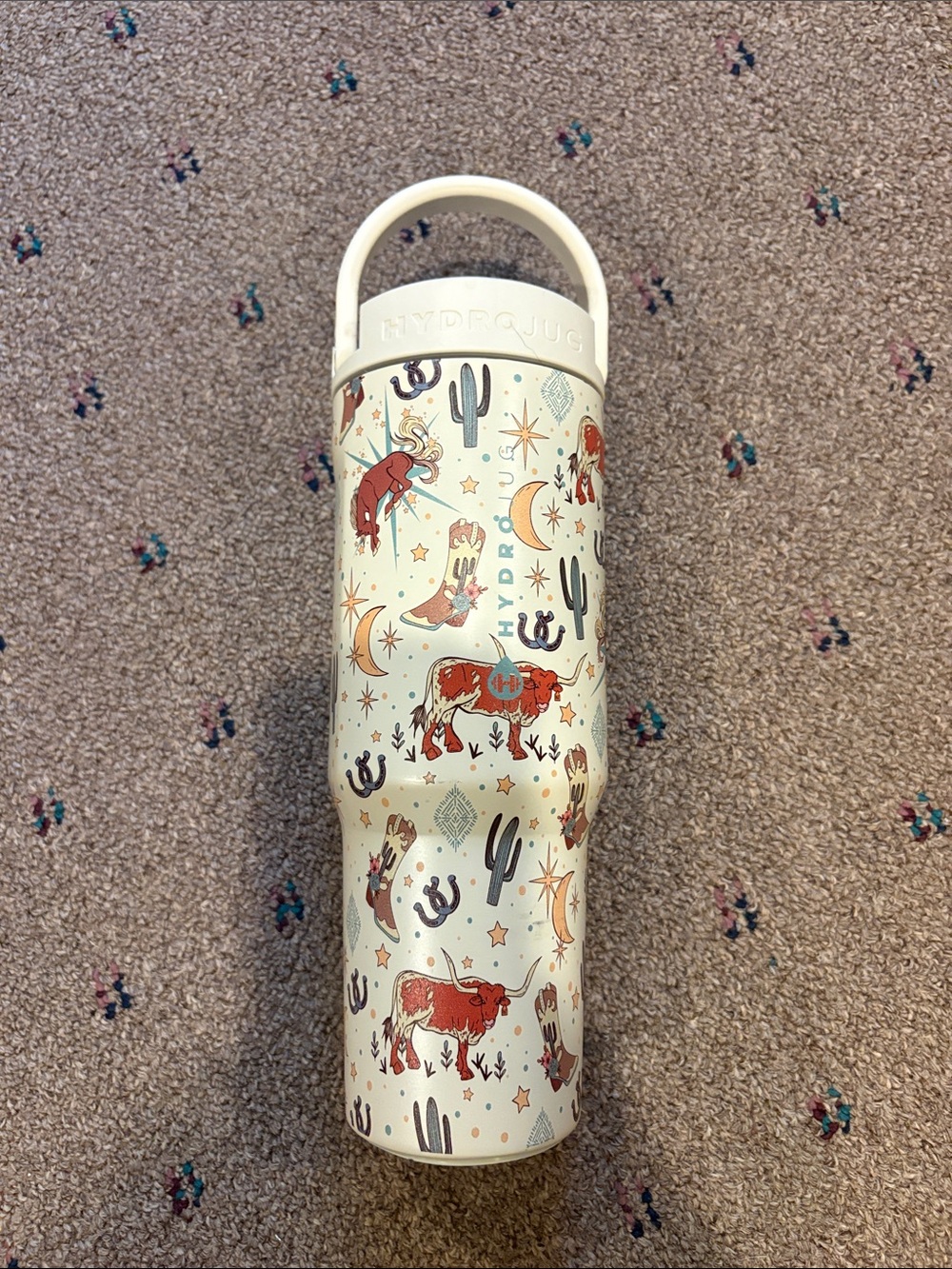 HydroJug Cream Water Bottle with Red-Brown Cattle & Teal Accents